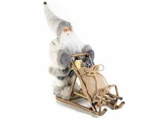 Design Babbo Natale con vestito bianco su slitta legno con sacco doni addobbi