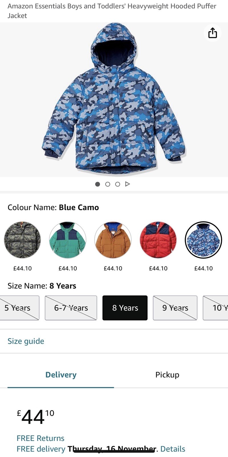 Brand New Amazon Boys Puffer  Jacket Age 8 Years RRP £44