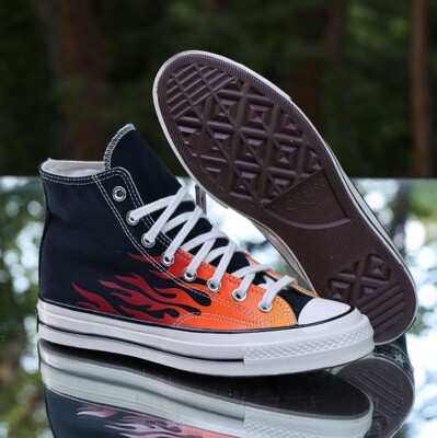 Converse Chuck Taylor 70 Hi Flames Men's Size 7.5 Black Red Custom