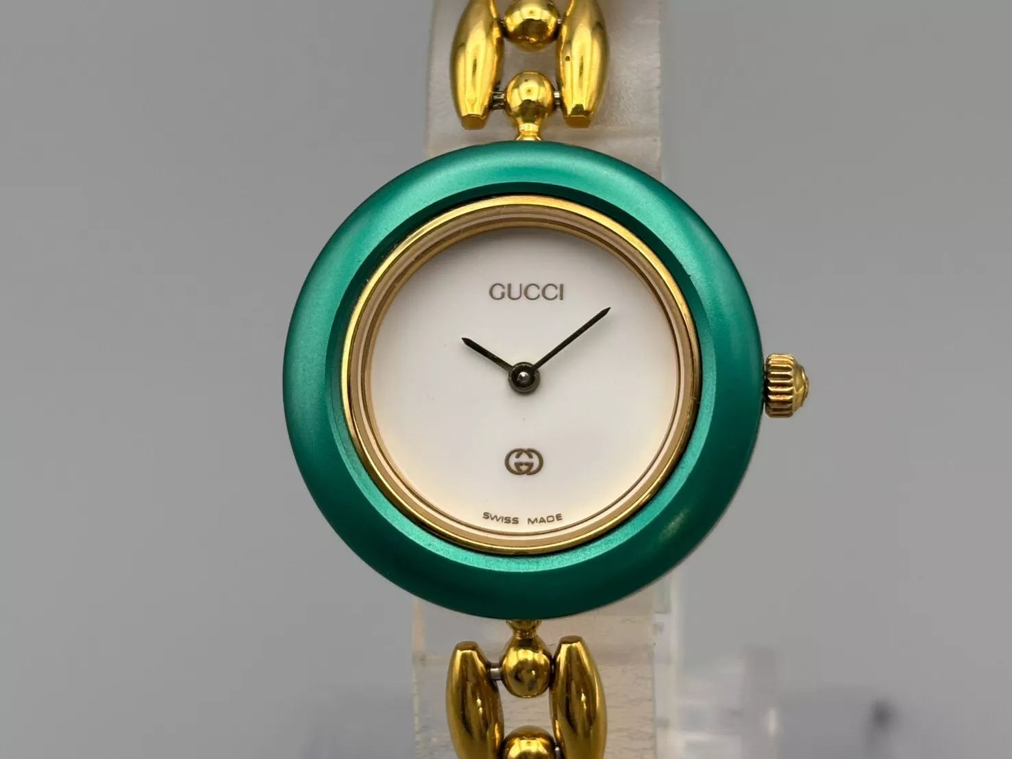 [Excellent] Authentique montre GUCCI à lunette changeante 1200 quartz or vert femme vintage