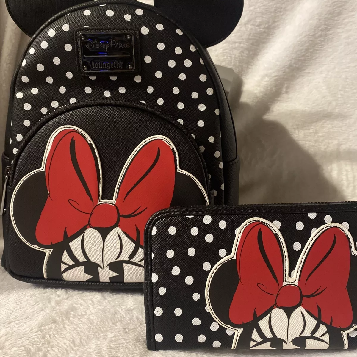 Disney Parks Eyelash Minnie Mouse Polka Dot Loungefly Mini Backpack Wallet Set