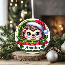 Personalised Hedgehog Christmas Printed bauble Acrylic Gift Tag am580