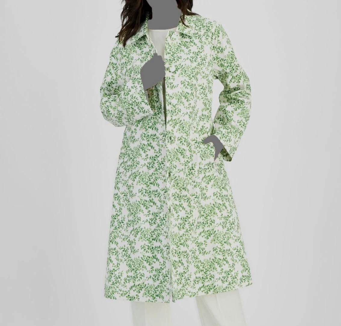Macy's Flower Show Women Green Button-Front Long A-Line Rain Coat Jacket Size M