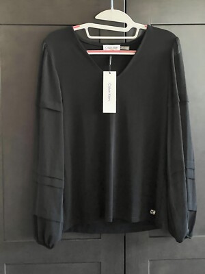 Calvin Klein Sheer Long Ballon Sleeve V Neck Pullover Blouse Black Size X Small