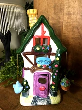 Imperfect Ceramic Cottage Tea Light Candle Holder Welcome Ornate 10.5" Tall Vtg.