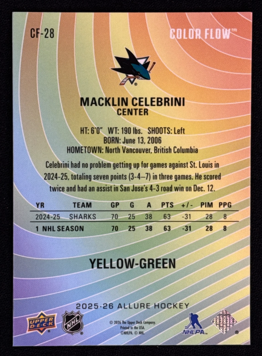 2025-26 UD Allure Macklin Celebrini Yellow-Green Color Flow #CF-28