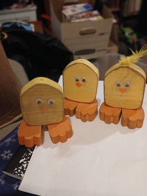 Three Small Homemade Wooden Chick Easter