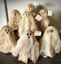 Handmade Primitive Halloween Ghost with Cheesecloth & TRICK TREAT Sign Grubby