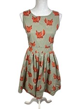 LA Soul Women's M Dress Fox Print Fit & Flare Tie Back Pleated Waist Green