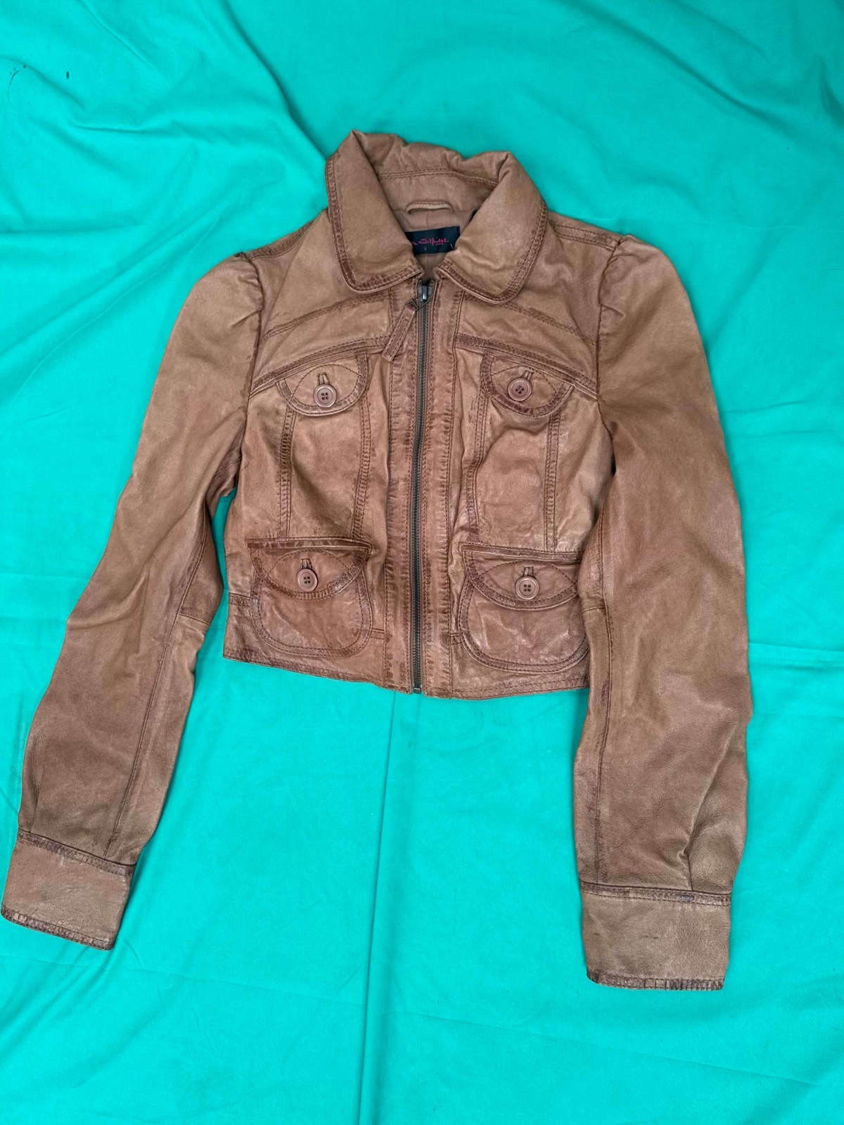 Miss Selfridge Tan Leather Jacket Size 6 Women’s Cropped Fitted Biker Style image 3