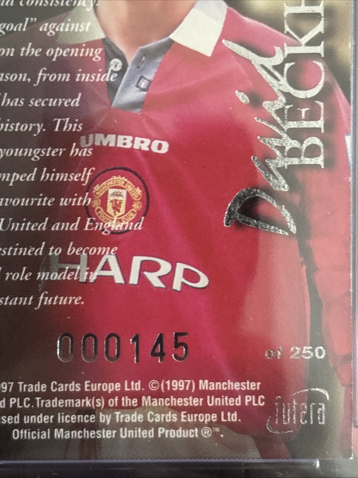 1997 Futera Manchester United David Beckham Rookie Redemption Card /250 with COA view 5