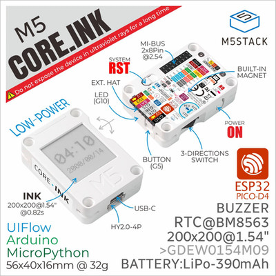 M5Stack Official M5Stack ESP32 Core Ink Development Kit(1.54'' Elnk Display)