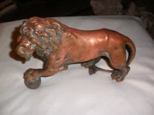 VINTAGE  LION Copper Plated FIGURE SCULPTURE STATUE Hood Ornament Art Deco