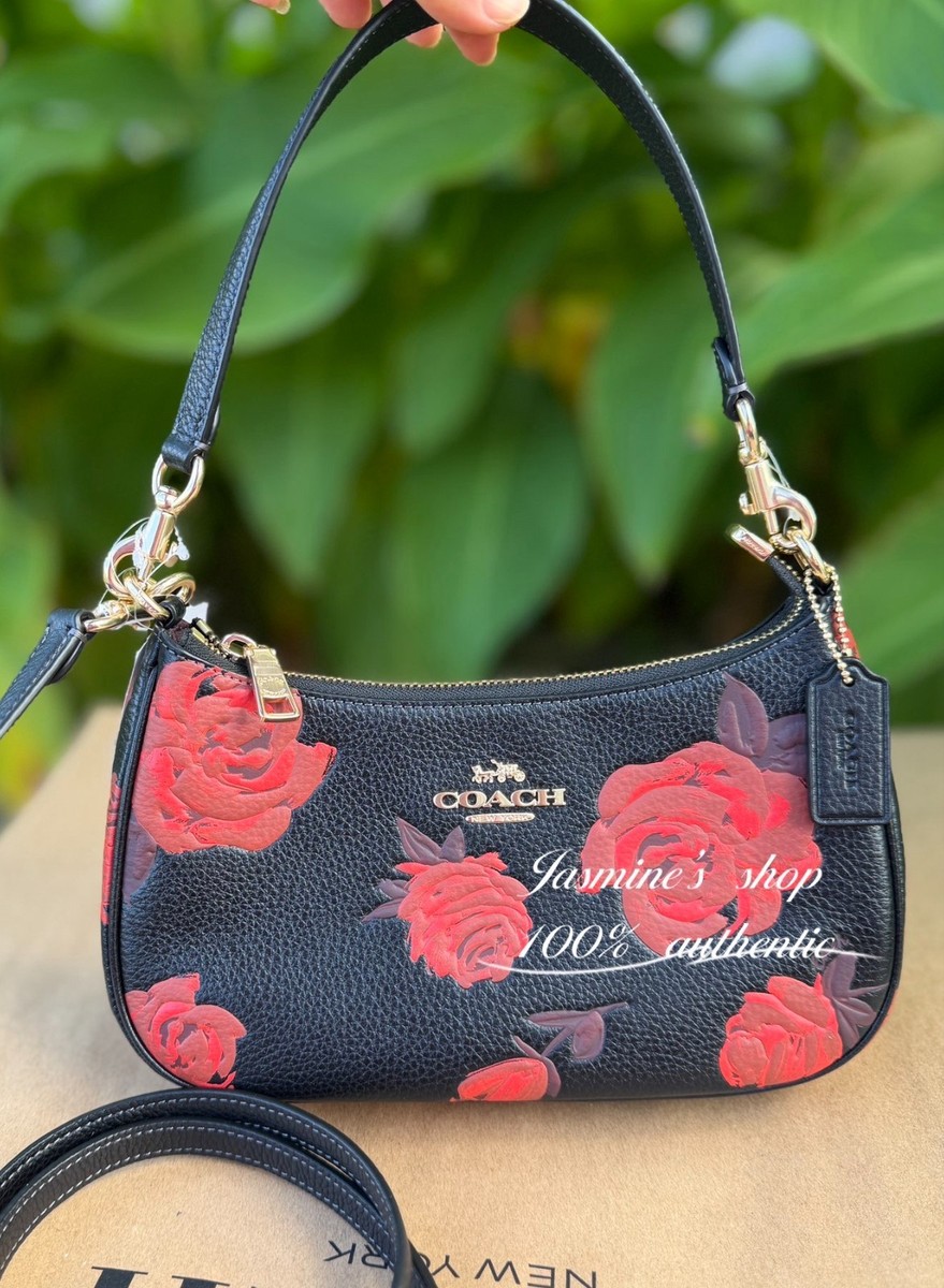 希少美品 COACH フラワープリント ボディバッグ　ネイビー レザー 花柄 COACH Blue Leather Floral Prints with Pop Up Pouch Crossbody Bag