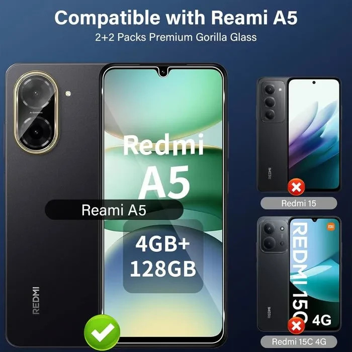 2 Glasses Toughened And 2 Window Camera Rear for Xiaomi Redmi A5 / Poco ...