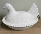 Vintage White Milk Glass Hen on Nest Covered Dish Trinket Candy Box 18cm