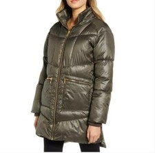 Kendall + Kylie Hooded Faux-fur-trim Puffer Coat Olive Size L