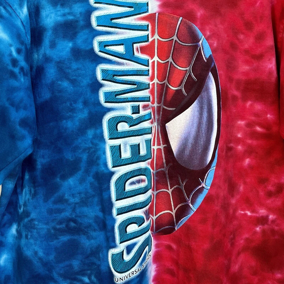 Camisa masculina vintage Spiderman XL azul vermelha branca Universal Studios tie dye Y2K SS LER - Imagem 2 de 4