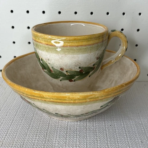 Vietri italian pottery plate mug set yellow  green hand painted made  unique vtg