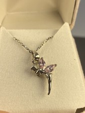 Tinkerbell Necklace With Pink Gem Wings Sterling Silver Toned Chain