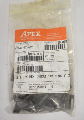Lot of 110 Apex Torx T40 Screwdriver Bits 1/4'' Drive 440-TX-40X Hex Insert