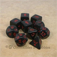  NEW 10 Opaque BLACK w/ RED Numbers Polyhedral Gaming Dice Set in Tube D&D RPG 