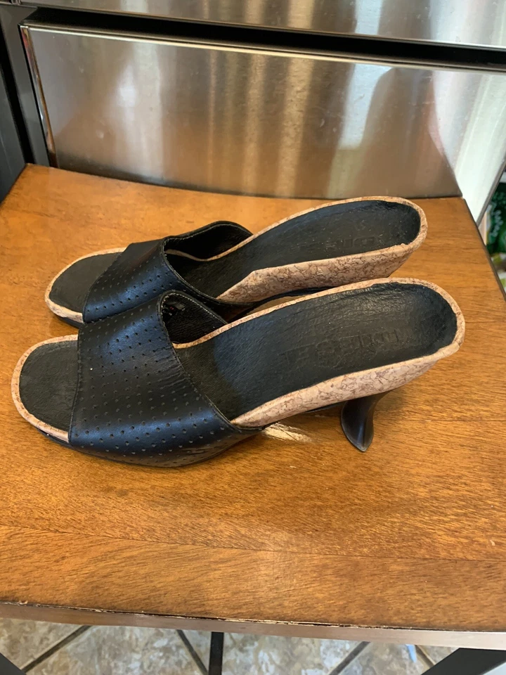 Diesel Mujer Tacones Cuadrados 4” Tacón de Corcho Resistente al Deslizamiento Cuero Negro Talla 7.5 Foto 2 de 4