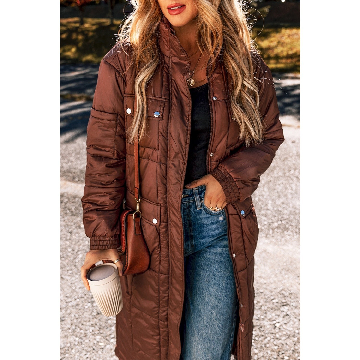 Coffee Quilted Puffer Stand Neck Zipped Mid-length Coat Small image 5