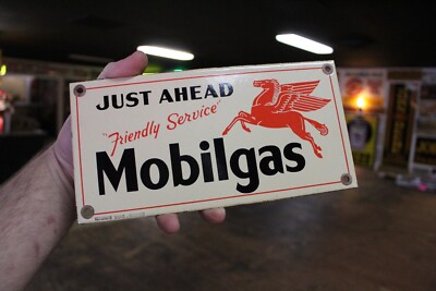 RARE MOBIL GAS JUST AHEAD SERVICE STATION DEALER PORCELAIN METAL SIGN PEGASUS 66