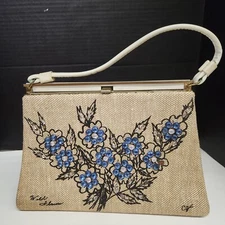 Vintage Purse Satchel Blue Beaded Flowers ENID COLLINS LIKE