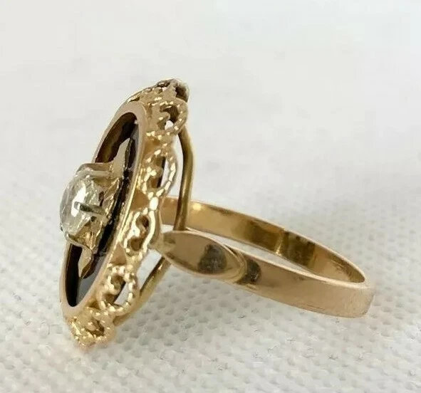 Bague ancienne en Or Jaune 18 cts /Diamant coussin sur Onyx / Réf MP2286 - Photo 3/4