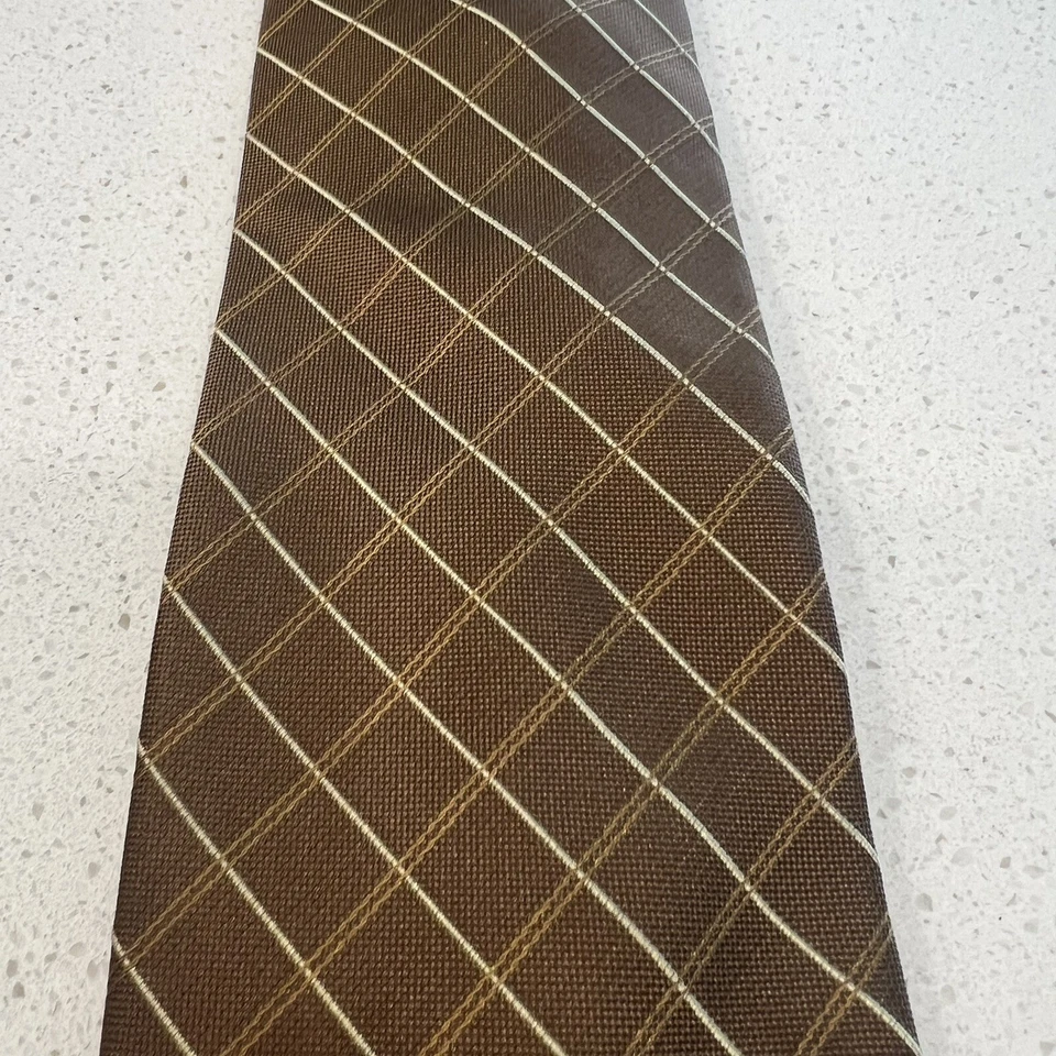 Kenneth Cole Necktie Mens Plaid Stripe Diamonds Brown Silk Tie Vintage 58"X 3.5” - Image 4 of 4
