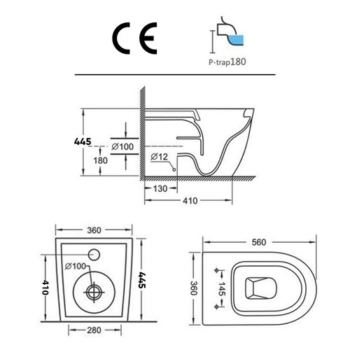 Elva Comfort height Rimless Back to wall Toilet BTW Pan and cistern & Black Seat - Picture 15 of 15