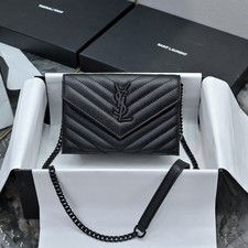 Saint Laurent Black Leather Chain Wallet Crossbody Bag With Box