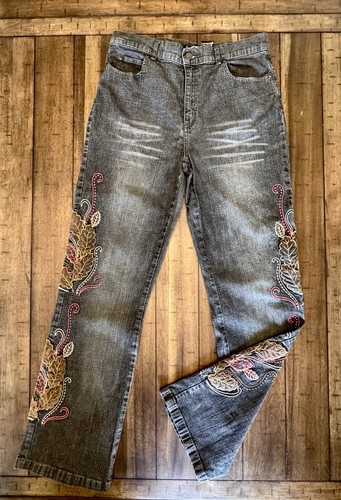 Gr. 8 1980er Vintage schwarz grau bestickt Cottage Core Jeans Western Schlag Stiefel