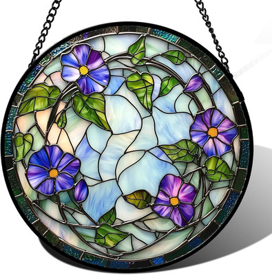 DASTOLL Stained Glass Window Hanging, Purple Morning Glory Flowers Suncatcher fo