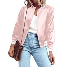 Women Satin Bomber Jacket Casual Quilted Biker Coat Pink Small