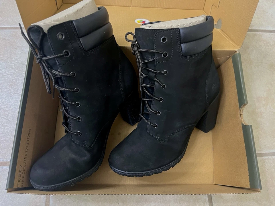 NOVAS Botas de Salto Timberland Glancy Femininas Tamanho 8 EUA/39 Couro Preto Impermeável - Imagem 3 de 4