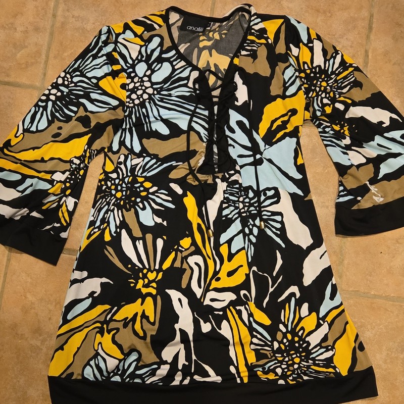 Y2K Analili Multicolor Floral Lace-Up V-Neck 3/4 Bell Sleeve Tunic Blouse S