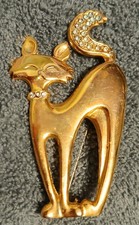 Cat Pin 2.5 Inches Gold With White Rhinstones.
