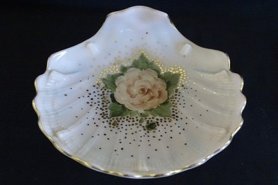 Cambridge USA Seashell Hand Painted Compote -Rose Design w/ Gold glass