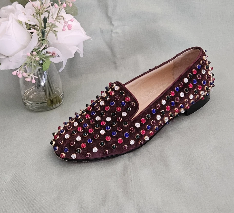 Mocasines para mujer Christian Louboutin granate gamuza multicolor tachuelas talla 5 EE. UU. Foto 2 de 4