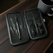 Nail Clipper Set of 8. Black. In Nice Travel Case