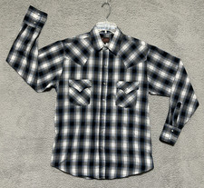 Plains Western Wear Shirt Mens Medium Plaid Pearl Snap Pockets Cowboy Rodeo