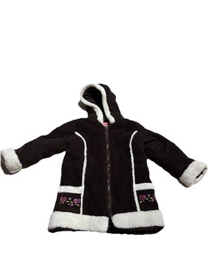 Teddy Boom Girls Hooded Corduroy Coat Faux Fur Trim Embroidered Brown Size 4T