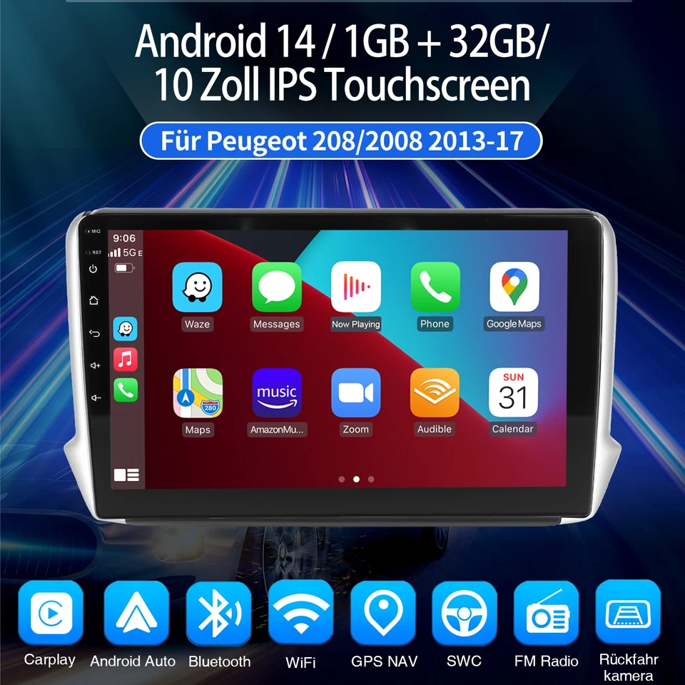 1+32G Android 14 Autoradio für Peugeot 2008 208 2012-2018 10.1" Carplay GPS Navi - Bild 2 von 4
