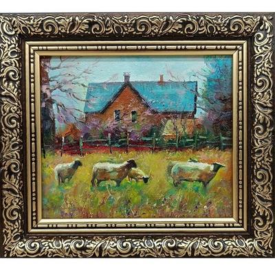 #ad Summer nature Oil painting Original art Rural landscape sheep 5 x 6 inches $55.00