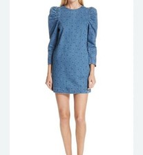 Ulla Johnson  Lyna Dress Denim Pockets Polka Dot Puff Sleeves Size 6 Blue NWT