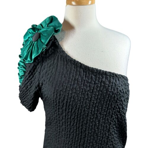 Vestido de Fiesta Vintage Años 80 Negro Verde Talla S Un Hombro Asimétrico Volantes Dobladillo - Imagen 3 de 20