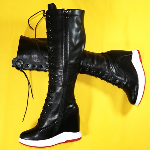 Thigh High Fashion Sneakers Women's Lace Up Leather Wedge High Heels Snow Boots - Picture 31 of 47